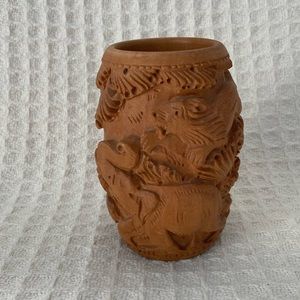 Wooden Carved Pencil Holder With 5 Safari Animals On It